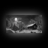 Snowy Cabin, Winter Night, Starry Sky, Cozy Mountain Scene, Framed Canvas Print, rustic lodge decor, Christmas art, bedroom wall print