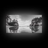 Sea Stacks, Calm Waters, Coastal Trees, Tranquil Morning, Framed Canvas Print, coastal wall art, nature inspired, entryway decor