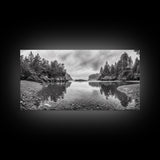 Forest Shoreline, Pebble Beach, Misty Inlet, Calm Waters, Canvas Print, natural modern art, neutral palette, living room wall decor