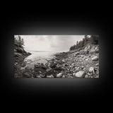 Rocky Coast, Forest Edge, Tranquil Shoreline, Earthy Landscape Scene, Canvas Print, Neutral Home Decor, Rustic Cabin Wall Art