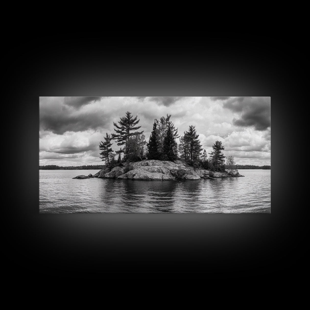 Lake Island, Pine Trees, Nature Panorama, Black and White Wilderness, Framed Canvas Print, Office Wall Art, Outdoor Inspired Decor