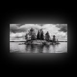Lake Island, Pine Trees, Nature Panorama, Black and White Wilderness, Framed Canvas Print, Office Wall Art, Outdoor Inspired Decor