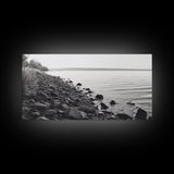 Shoreline Rocks, Quiet Water, Still Landscape, Coastal Photography, Canvas Print, Minimalist Office Art, Calm Nature Scene