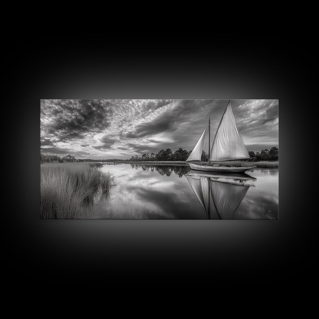 Sailboat Reflection, Tranquil River, Nautical Scene, Black White, Framed Canvas Print, Coastal Decor, Beach House Wall Art, Ocean Minimalism