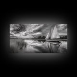 Sailboat Reflection, Tranquil River, Nautical Scene, Black White, Framed Canvas Print, Coastal Decor, Beach House Wall Art, Ocean Minimalism