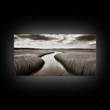 Winding River, Marsh Grass, Nature Path, Sepia Tones, Framed Canvas Print, Country Wall Art, Entryway Decor, Rustic Landscape Aesthetic