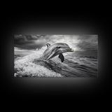 Leaping Dolphin, Ocean Life, Marine Animal, Waves Splashing, Framed Canvas Print, Coastal Kids Room Art, Beach House Decor