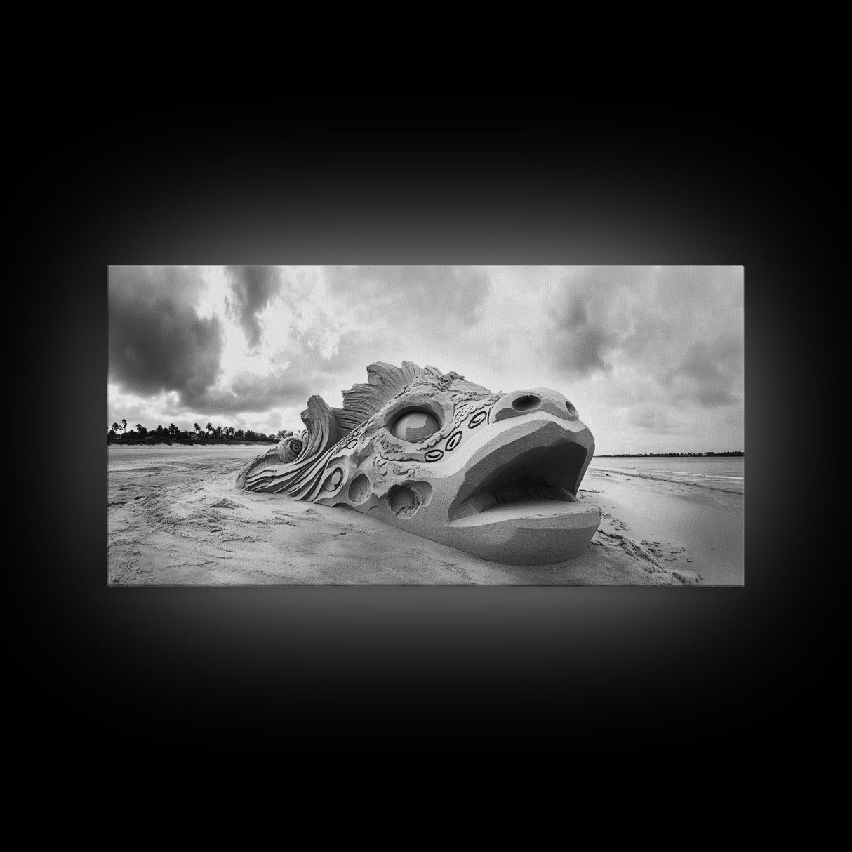 Dragon Head Sculpture, Beach Sand Art, Mythical Creature Decor, Fantasy Vibes, Framed Canvas Print, Game Room Wall Art, Office Wall Art