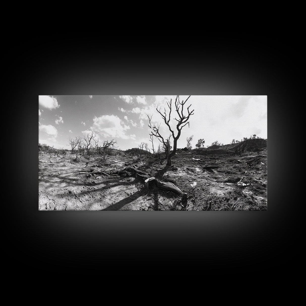 Barren Tree Landscape, Post Fire Terrain, Dystopian Forest Scene, Survival Mood, Canvas Print, Office Wall Art, Dark Nature Decor