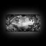 Ocean Cave View, Coastal Tree Framing, Tranquil Sea Scene, Nature Window Art, Framed Canvas Print, Bedroom Wall Art, Zen Decor