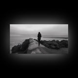 Woman Walking, Jetty View, Seaside Mood, Solitude Moment, Framed Canvas Print, Moody Wall Art, Bedroom Meditation Decor, Boho Decor