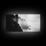 Foggy Cliff Coast, Ocean Pines Landscape, Moody Nature Art, Misty Seascape Scene, Framed Canvas Print, Living Room Wall Art, Fall Decor