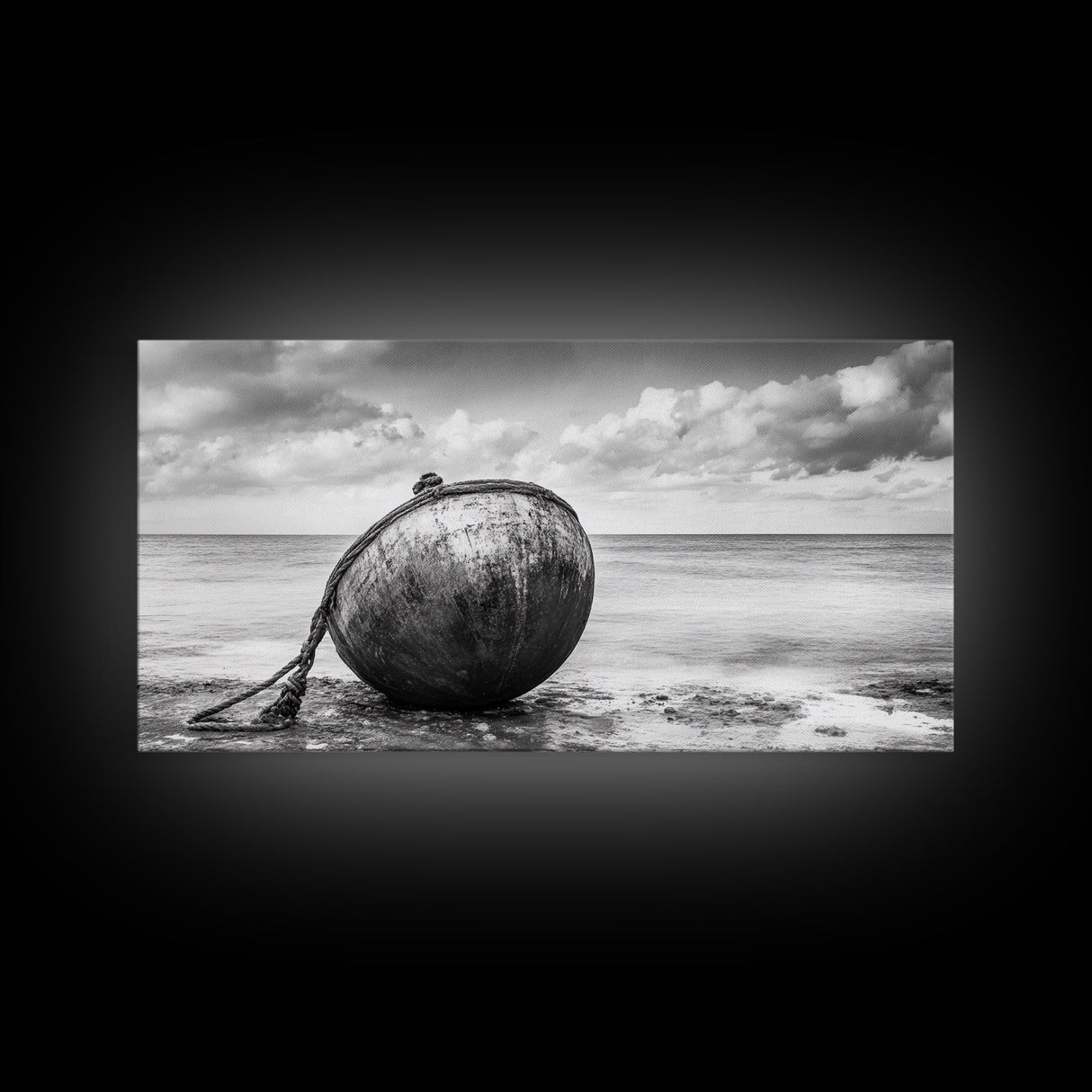 Weathered Buoy, Nautical Rope, Coastal Still Life, Beach Found Object, Framed Canvas Print, Beach House Art, Bathroom Wall Decor