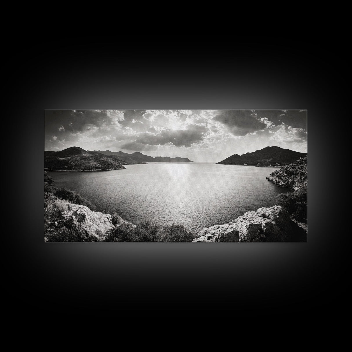 Ocean Sunset View, Mountain Coast Landscape, Black and White Art, Canvas Print, Minimalist Decor, Living Room Wall Art, Tranquil Home Style