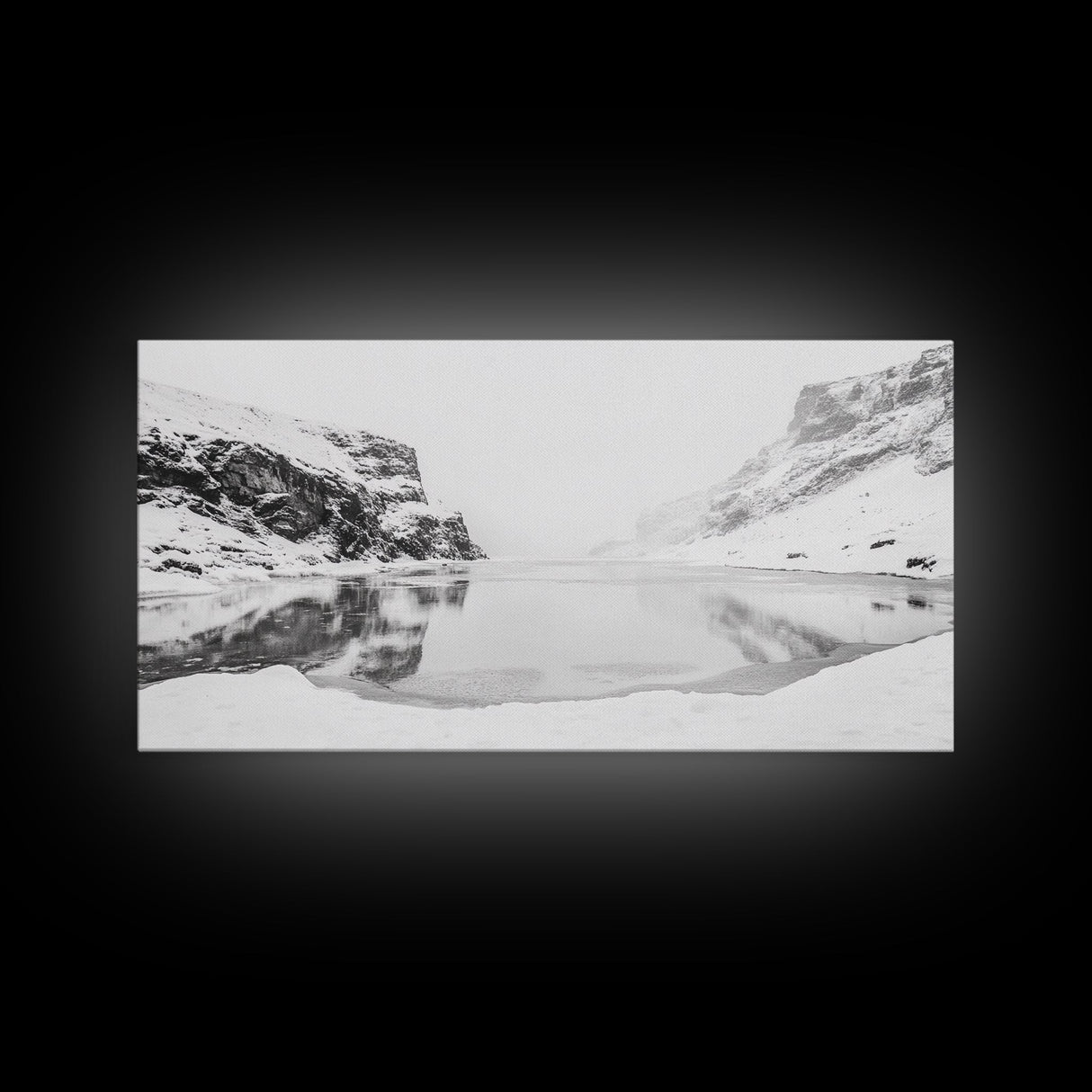 Snowy Cliff Reflection, Winter River Scene, Black and White Nature, Framed Canvas Print, Minimalist Wall Art, Neutral Winter Decor