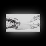Snowy Cliff Reflection, Winter River Scene, Black and White Nature, Framed Canvas Print, Minimalist Wall Art, Neutral Winter Decor