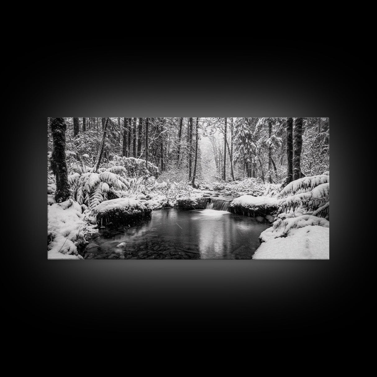 Winter Forest Creek, Snow Covered Trees, Black and White Tranquil Art, Canvas Print, Holiday Wall Art, Nature Lover Gift, Cozy Vibe