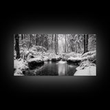 Winter Forest Creek, Snow Covered Trees, Black and White Tranquil Art, Canvas Print, Holiday Wall Art, Nature Lover Gift, Cozy Vibe