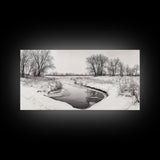 Frozen Stream Scene, Bare Trees Landscape, Black and White Nature Decor, Canvas Print, Winter Wall Art, Neutral Bedroom Accent
