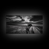 Horseback Beach, Sunset Ride, Equestrian Art, Moody Horizon Scene, Canvas Print, Cowboy Country Decor, Rustic Living Room Wall Art