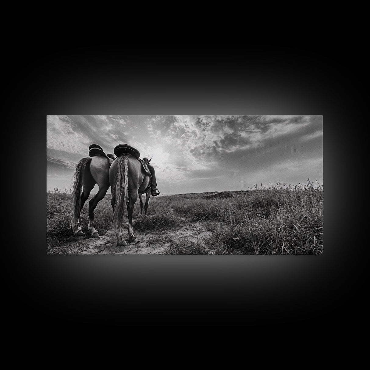 Grazing Horses, Cowboy Duo, Open Field, Equestrian Love Scene, Canvas Print, Western Wall Art, Rustic Ranch Living Room Decor