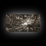 Enchanted Forest Light, Tree Shadows, Nature Landscape, Framed Canvas Print, Rustic Wall Art, Entryway Woodland Decor, Boho Forest Print