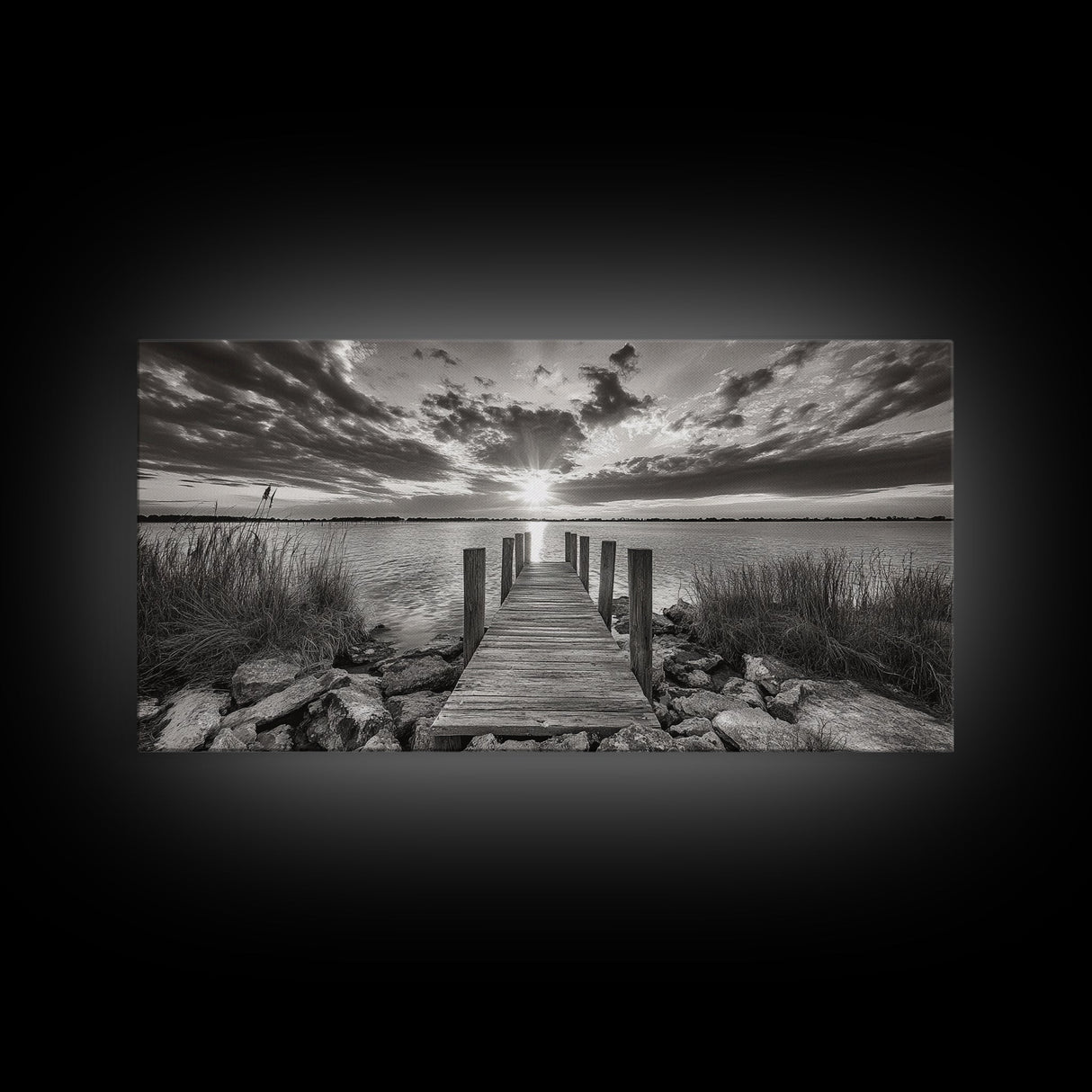 Rustic Dock Sunset, Lakehouse Art, Black White Landscape, Framed Canvas Print, Country Home Decor, Cabin Wall Art, Lakeside Tranquility