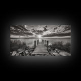 Rustic Dock Sunset, Lakehouse Art, Black White Landscape, Framed Canvas Print, Country Home Decor, Cabin Wall Art, Lakeside Tranquility