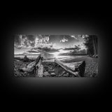 Driftwood Coastline, Rocky Beach Sunset, Nature Wall Art, Framed Canvas Print, Rustic Lake House Decor, Fall Coastal Aesthetic