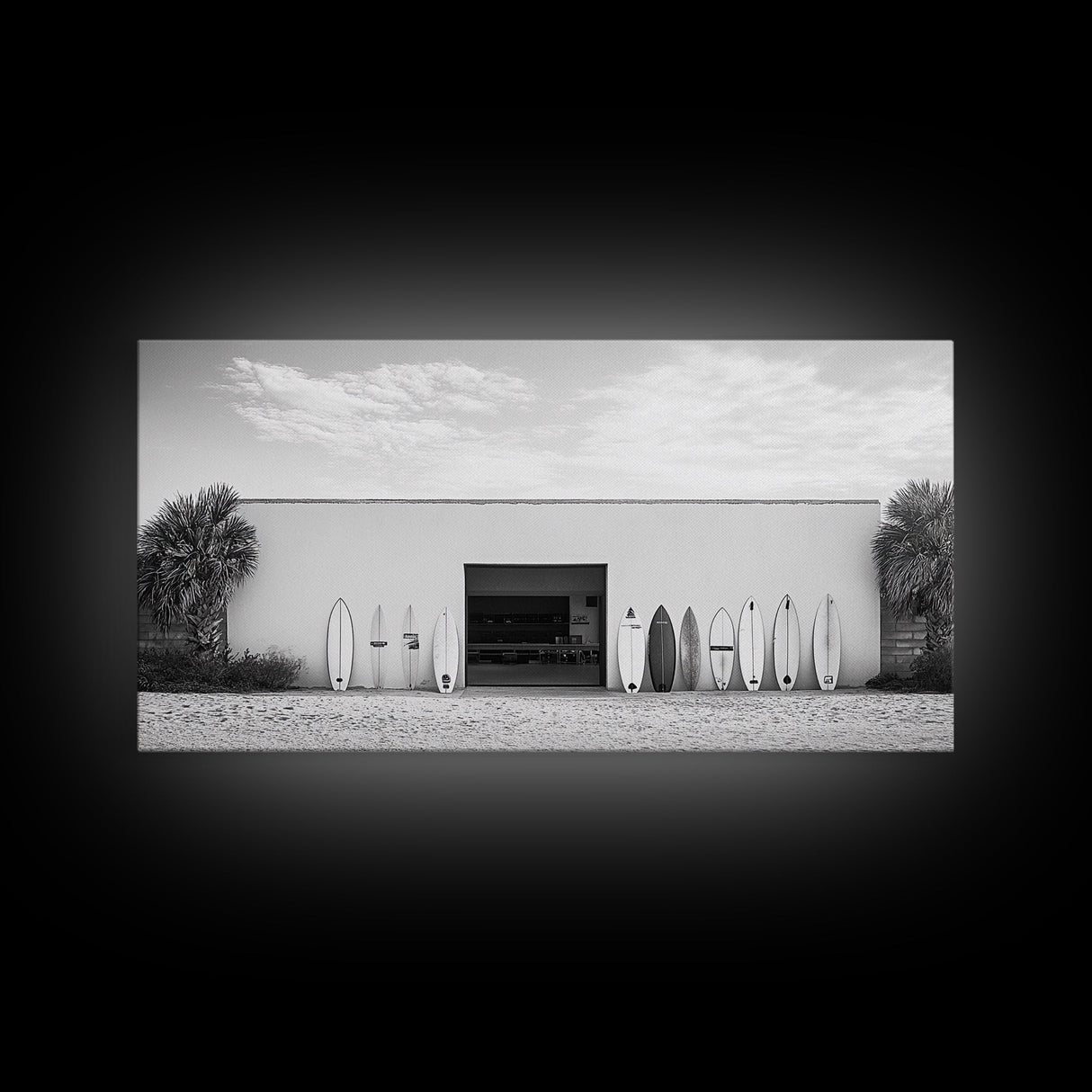 Surfboards, Beach Garage, Modern Coastal, Ocean Style, Framed Canvas Print, surf shack decor, teen room wall art, minimalist beach art
