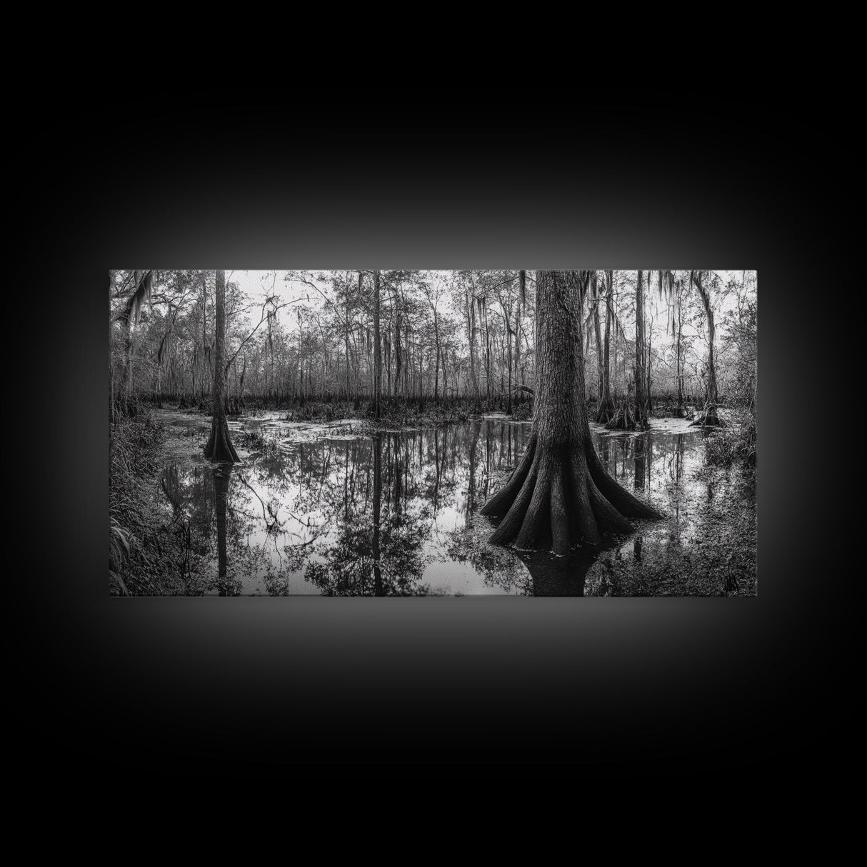 Swamp Trees, Cypress Water, Nature Reflections, Marsh Scene, Framed Canvas Print, rustic cabin decor, hallway wall art, forest wall print