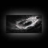 Ocean Vortex, Dramatic Waves, Sea Swirl, Storm Art, Framed Canvas Print, dark abstract art, gaming room decor, black and white power art