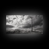 Power Pole, Rural Landscape, Stormy Sky, Country Calm, Framed Canvas Print, farmhouse entryway wall art, rustic black and white print