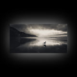 Seagull, Stormy Beach, Reflective Shore, Moody Sky, Framed Canvas Print, coastal bedroom decor, peaceful nature art, minimalist seascape