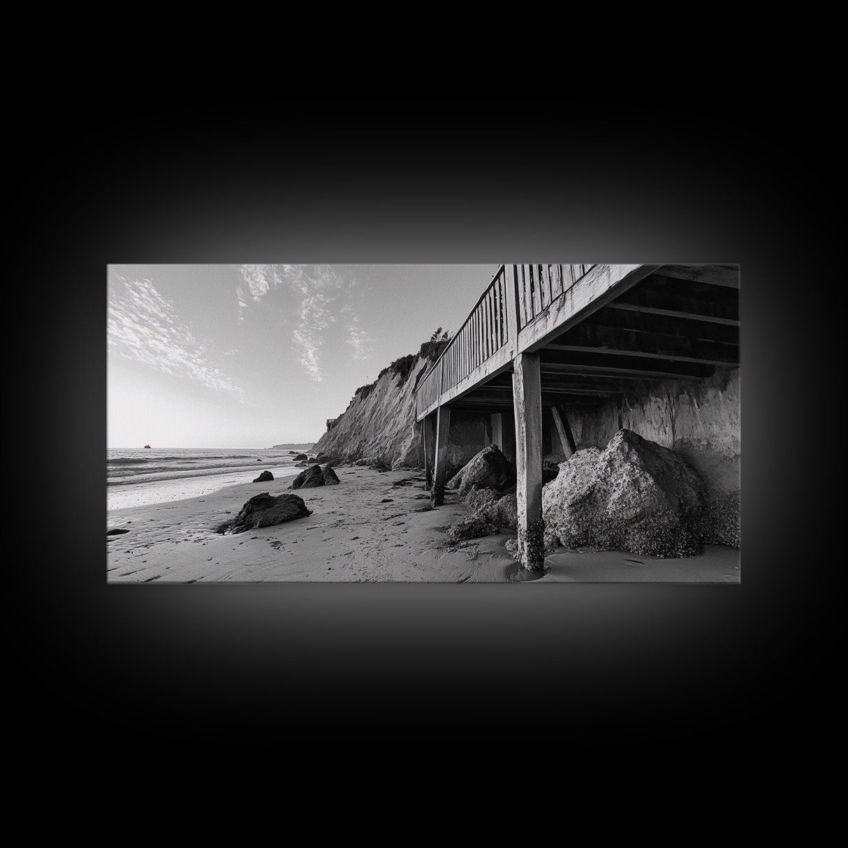Coastal Cliff View, Seaside Escape, Beachside Structure, Framed Canvas Print, Rustic Wall Art, Modern Coastal Living Room Decor