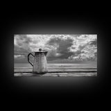 Seaside Coffee Pot, Oceanfront Still Life, Rustic Morning, Framed Canvas Print, Nautical Wall Art, Beach Kitchen Decor, Moody Nature Art