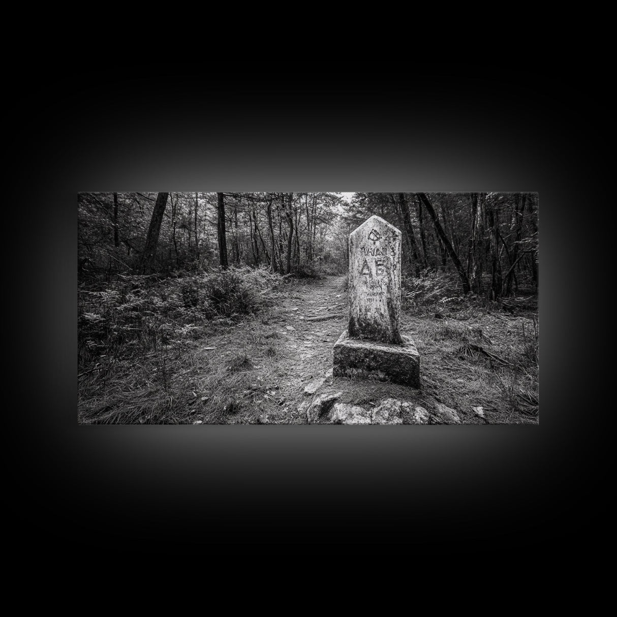 Forest Trail, Stone Marker, Ancient Symbol, Misty Pathway, Framed Canvas Print, cabin decor, woodland art, Autumn wall print, rustic charm