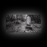 Forest Trail, Stone Marker, Ancient Symbol, Misty Pathway, Framed Canvas Print, cabin decor, woodland art, Autumn wall print, rustic charm