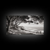 Ocean View, Coastal Trees, Cliffside Vista, Light and Shadows, Framed Canvas Print, landscape wall art, modern beach decor, boho living room