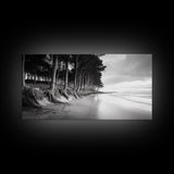 Pine Trees, Sandy Beach, Coastal Serenity, Driftwood Shore, Framed Canvas Print, neutral wall art, coastal rustic style, entryway landscape