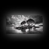 Island Pines, Rocky Shoreline, Peaceful Water, Stormy Sky, Framed Canvas Print, coastal art, rustic nature wall art, neutral living room decor