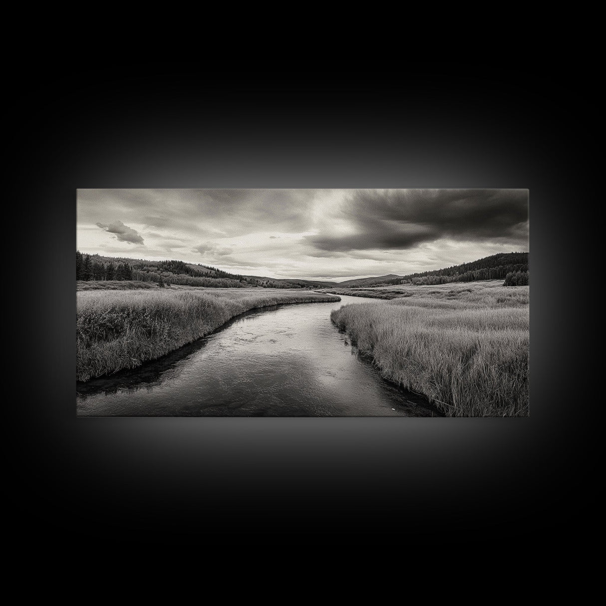River Valley, Flowing Stream, Grassy Hills, Wilderness Calm, Framed Canvas Print, rustic home decor, Fall art, cabin wall landscape print