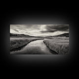 River Valley, Flowing Stream, Grassy Hills, Wilderness Calm, Framed Canvas Print, rustic home decor, Fall art, cabin wall landscape print