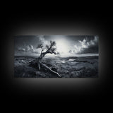 Windswept Tree, Coastal Landscape, Stormy Sky, Canvas Print, Desert Wall Art, Rustic Living Room Decor, Dramatic Minimalist Artwork