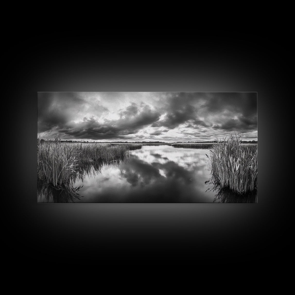 Stormy Marsh, Cloudy Sky, River Reflection, Framed Canvas Print, Nature Wall Art, Moody Landscape, Autumn Decor, Office Or Study Artwork