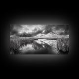 Stormy Marsh, Cloudy Sky, River Reflection, Framed Canvas Print, Nature Wall Art, Moody Landscape, Autumn Decor, Office Or Study Artwork