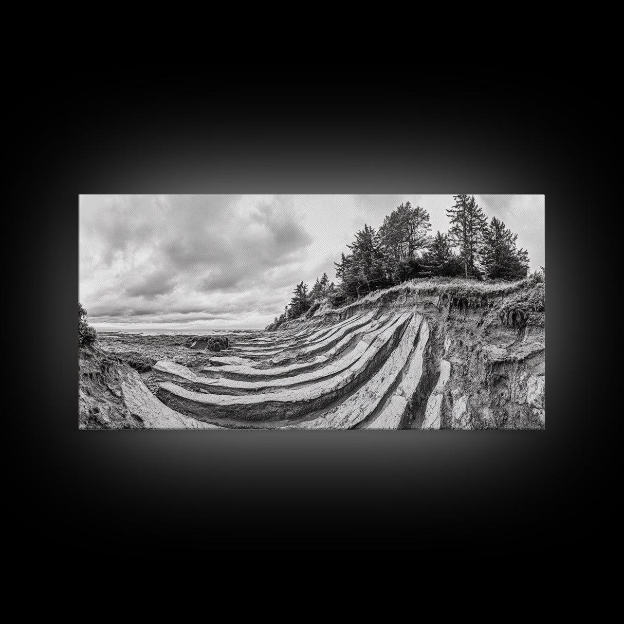 Striped Cliffs, Coastal Layers, Forest Edge, Earth Patterns, Framed Canvas Print, Nature Abstract Art, Bedroom Wall Decor
