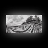 Striped Cliffs, Coastal Layers, Forest Edge, Earth Patterns, Framed Canvas Print, Nature Abstract Art, Bedroom Wall Decor