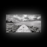 Surfboard, Rocky Shore, Cloudy Sea, Coastal Adventure, Beach Aesthetic, Canvas Print, Minimalist Ocean Art, Nautical Wall Decor, Bathroom Wall Art