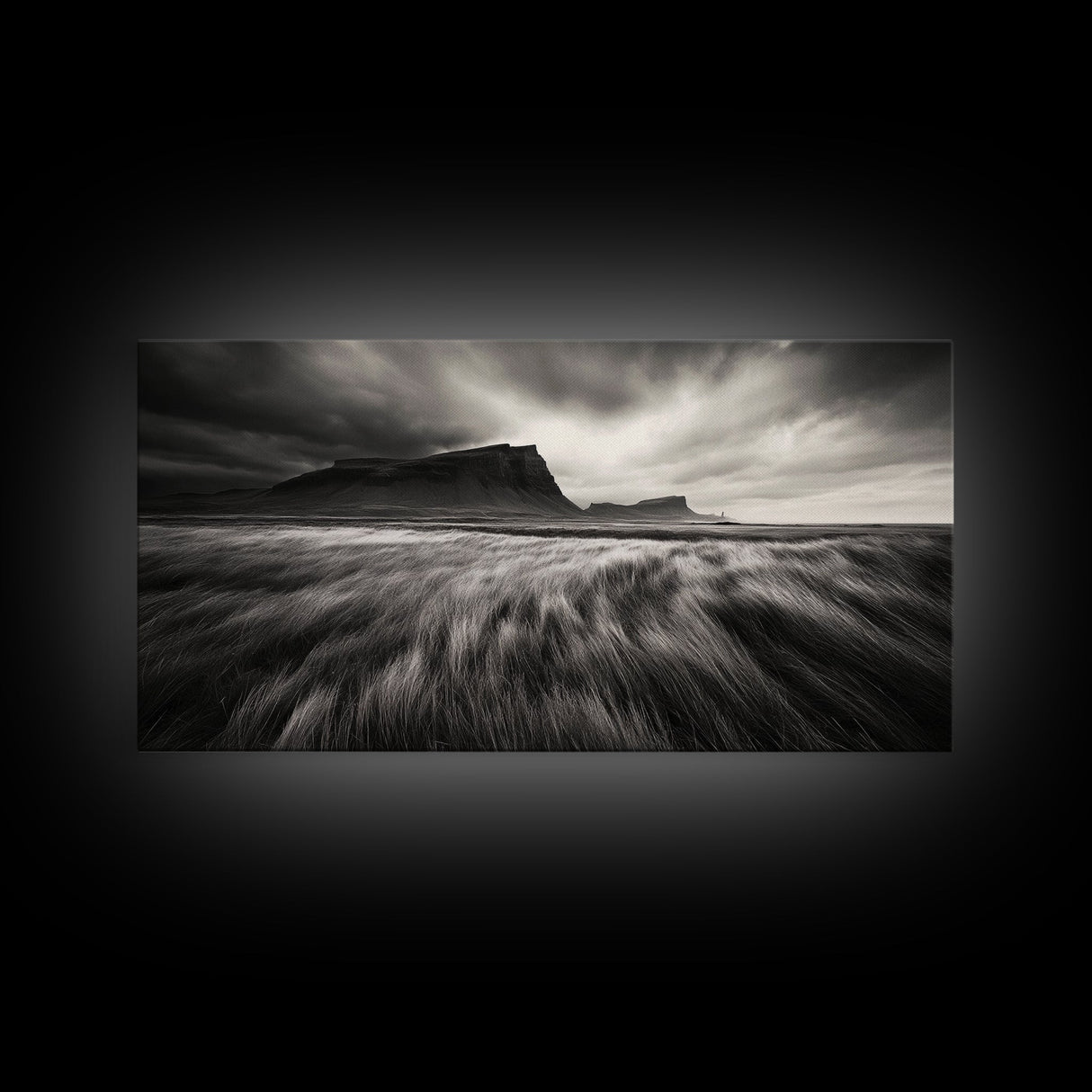 Grassy Plains, Stormy Sky, Dramatic Mountain, Monochrome Field, Canvas Print, Modern Minimalist Art, Office Wall Decor, Moody Wall Art